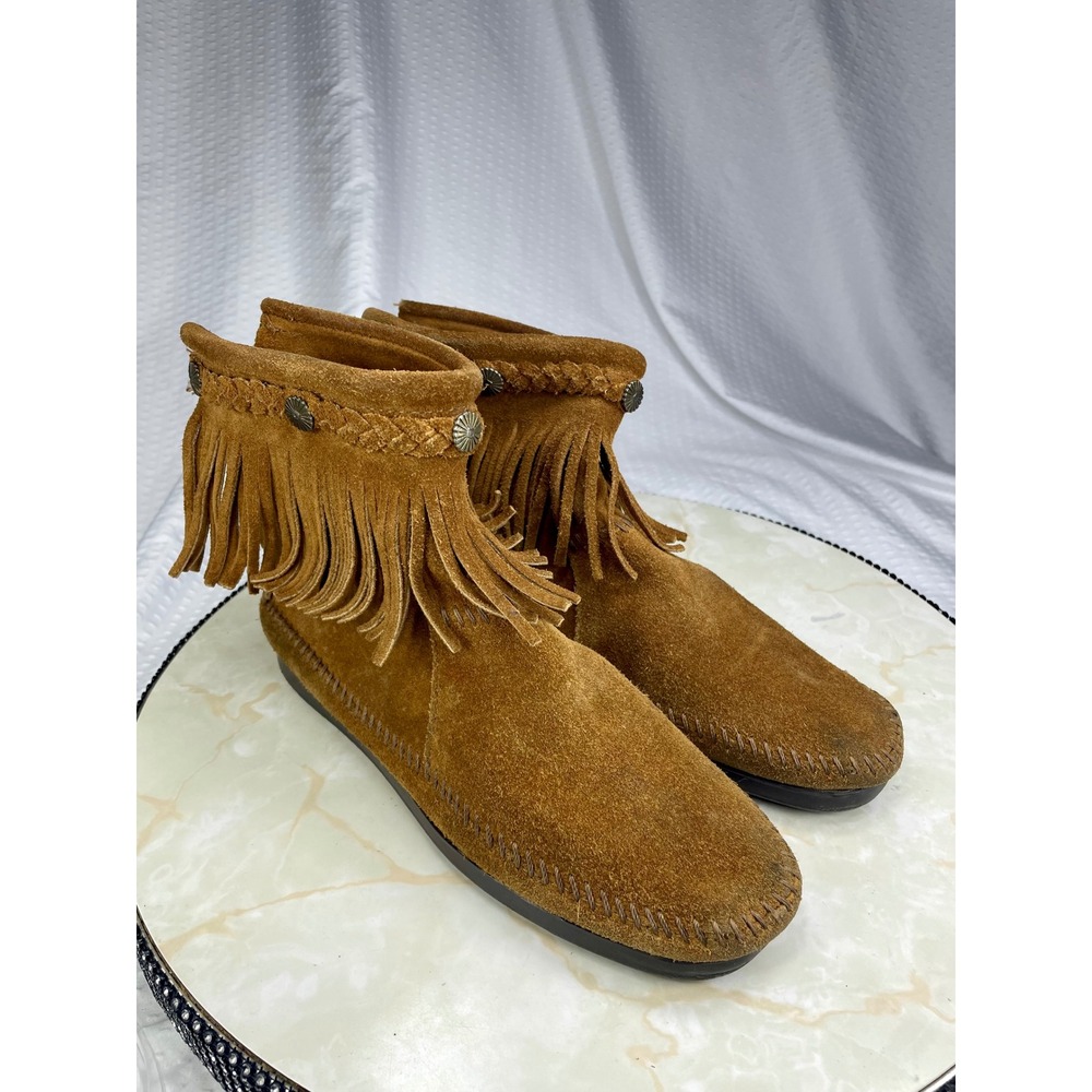 Minnetonka Fringe Concho Suede Moccasin Ankle Boots Women 7 Brown Western Boho